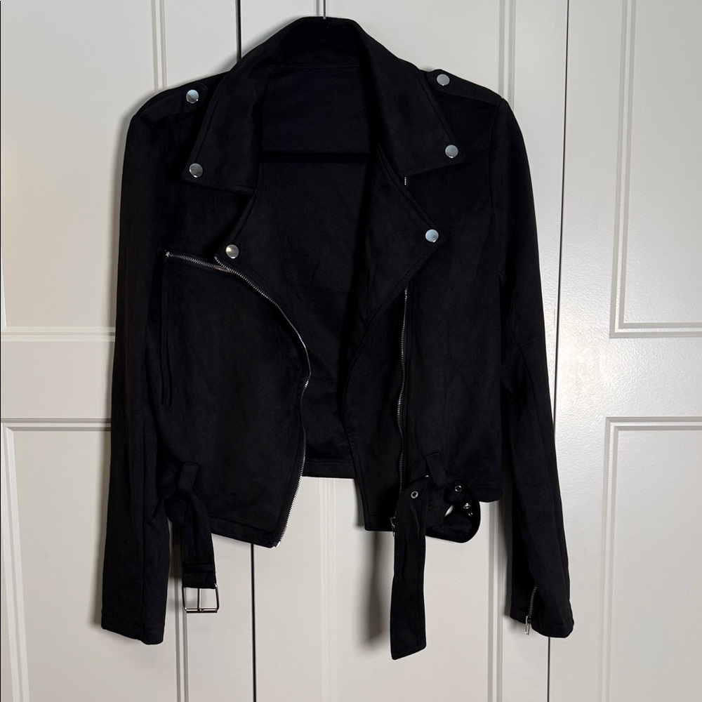 SHEIN Black Leather Suede-like Moto Jacket